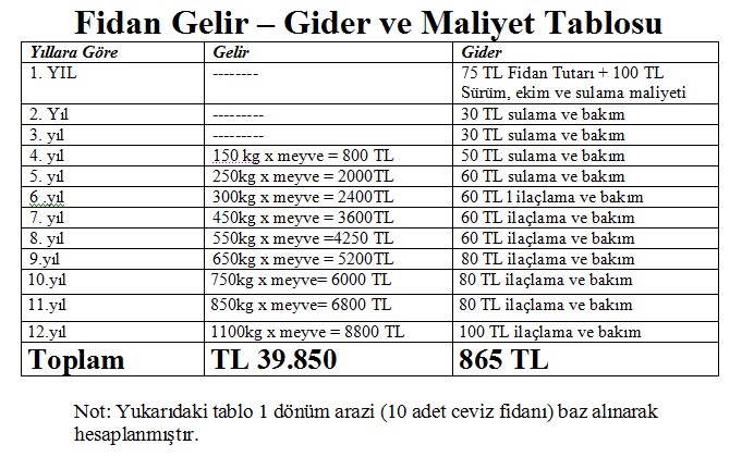 chandler cevizi verim tablosu